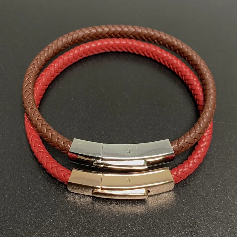 

Fashion Jewelry Men Leather Bracelet Simple Gold Silver Stainless Steel Button Neutral Accessories Hand-woven Jewelry Gifts 0042