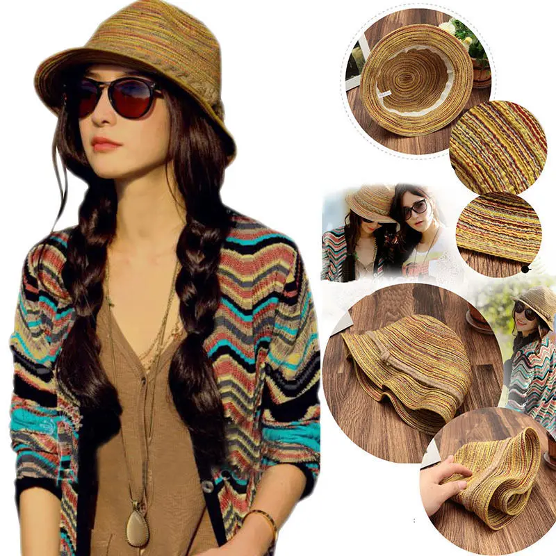 

Fashion Lady Visor Cap Colorful Striped Straw Beach Summer Sun Panama Hat Foldable For Female