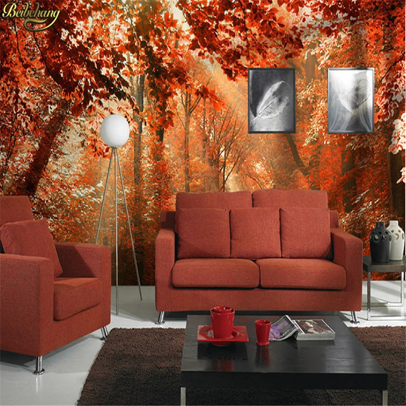 

Autumn red birch trees leaves forest papel de parede 3d photo wall paper prints mural wallpaper 3d room wallpaper landscape