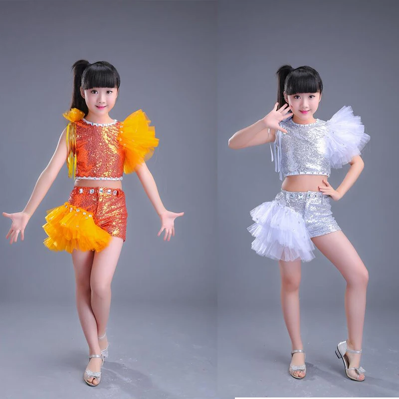 Girls Sequined Modern Jazz dancewear Outfits Kids Performance Hip Hop