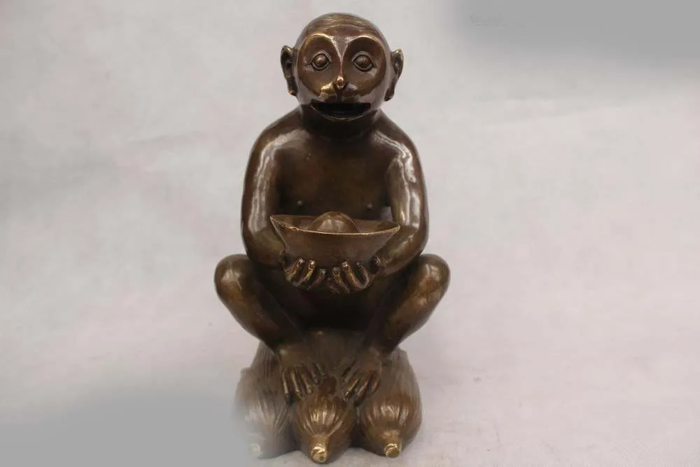 

12"Chinese Folk Pure Bronze excellent Lucky Money drawing monkey Statue