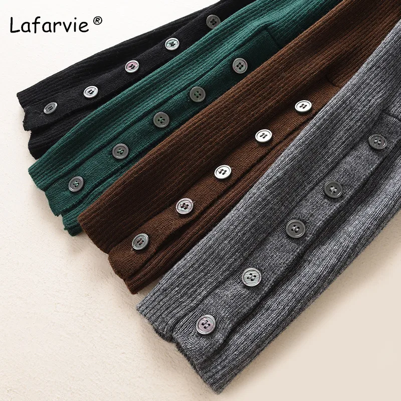 Lafarvie Spring Knitted O-neck Sweater women Wool Blended Pullover Female Sleeve With Buckle 4 Colors S-XL Slim Knitting Jumper