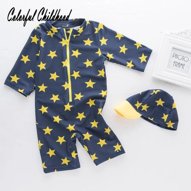 Special Offers Colorful childhood Baby Boys One-piece Swimsuit Black Background Stars Pattern Children's Swimwear Kids Rashguard 2 3 4 5 6 T