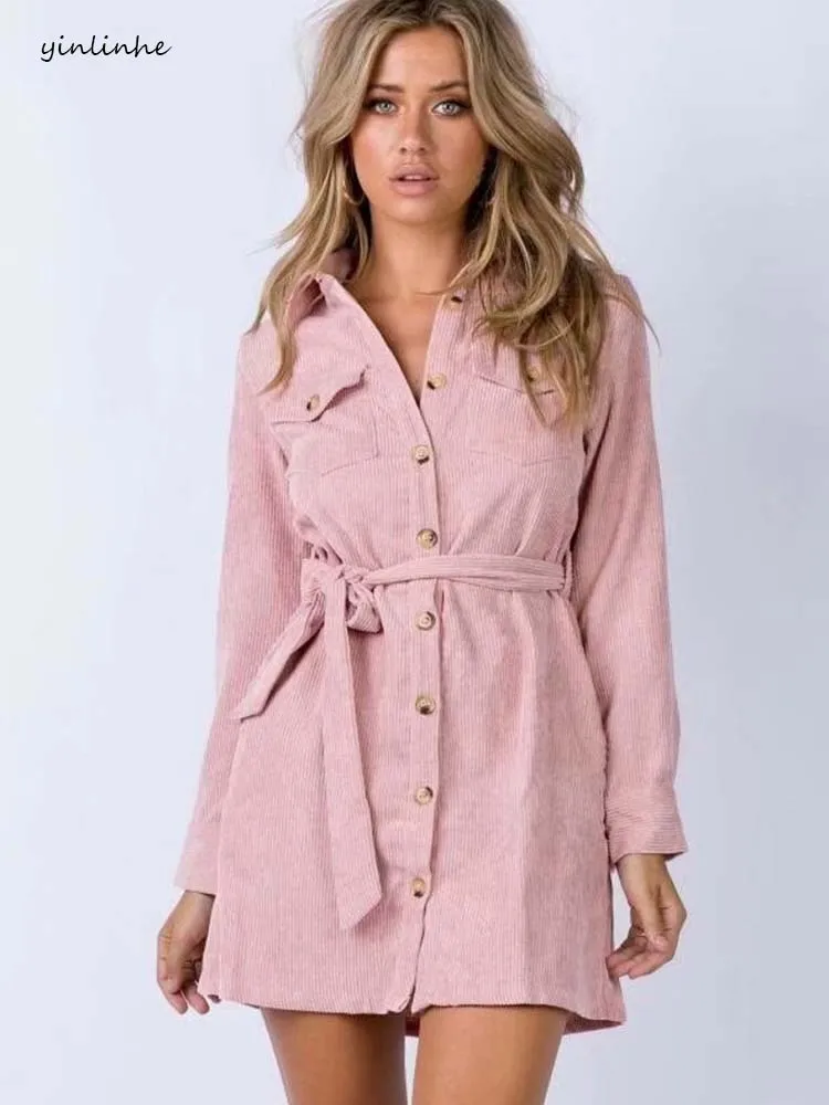 

yinlinhe Pink Corduroy Button Shirt Dress Women Long Sleeve Vintage Autumn Dress With Belt Slim Waist Ladies Casual vestido 1210