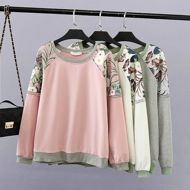 

F21 Spring Casual Women Sweatshirts 4XL Plus Size Clothes Cotton Loose Tops Fashion Printing Long Sleeve Hollow out Hoody 2048