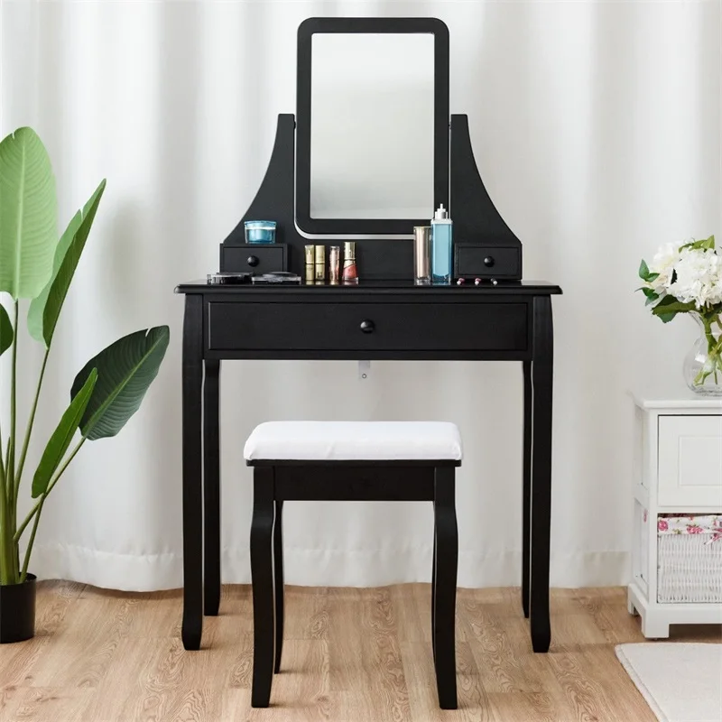 

Square Mirrored Vanity Dressing Table Set with Mirror 3 Drawer Storage Boxes Stool Elegant Dresses HW55561