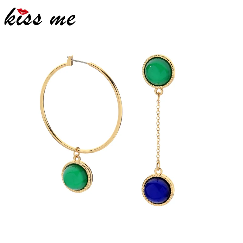 

kissme Asymmetric Green&Blue Resin Drop Earrings For Women Brass Circle Chain Mix Match Dangle Earrings New Fashion Accessories