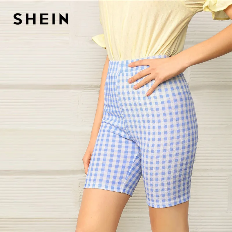 Buy Shein Pastel Blue Preppy Elastic Waist Gingham 