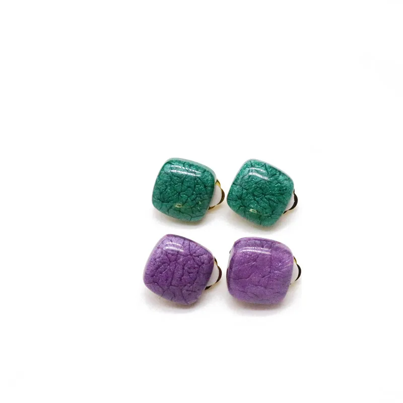

Free Shipping Purple Green Square Resin Cute Clip Earring