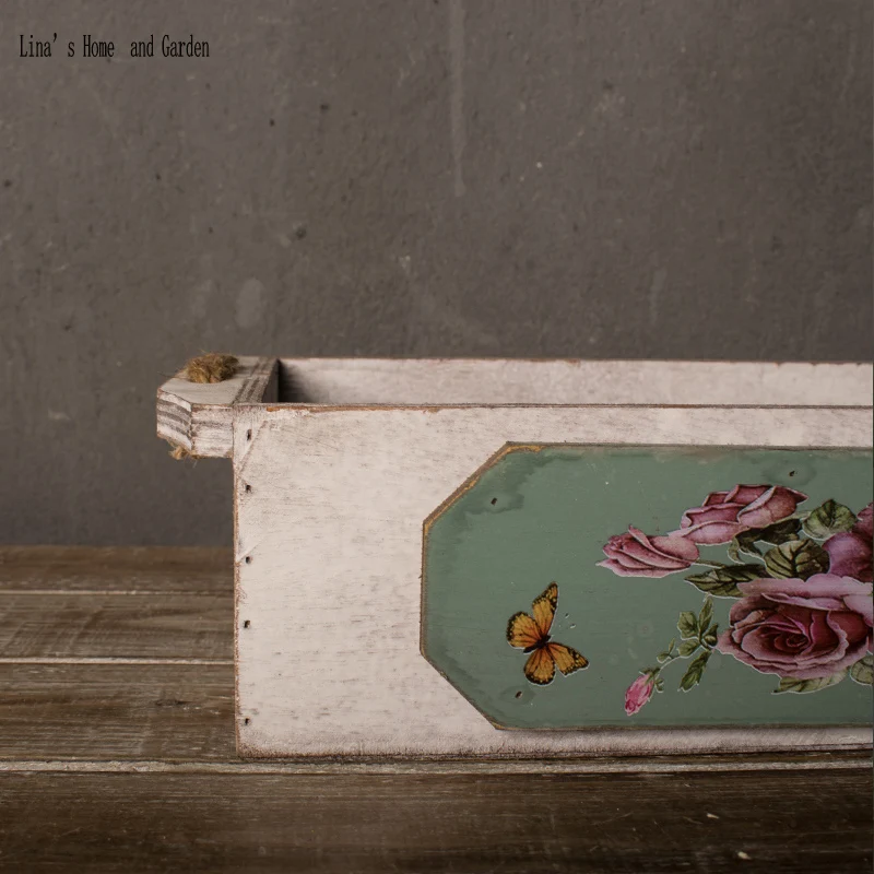 butterfly flower print rope handle shabby chic handmade country style wooden box (7)