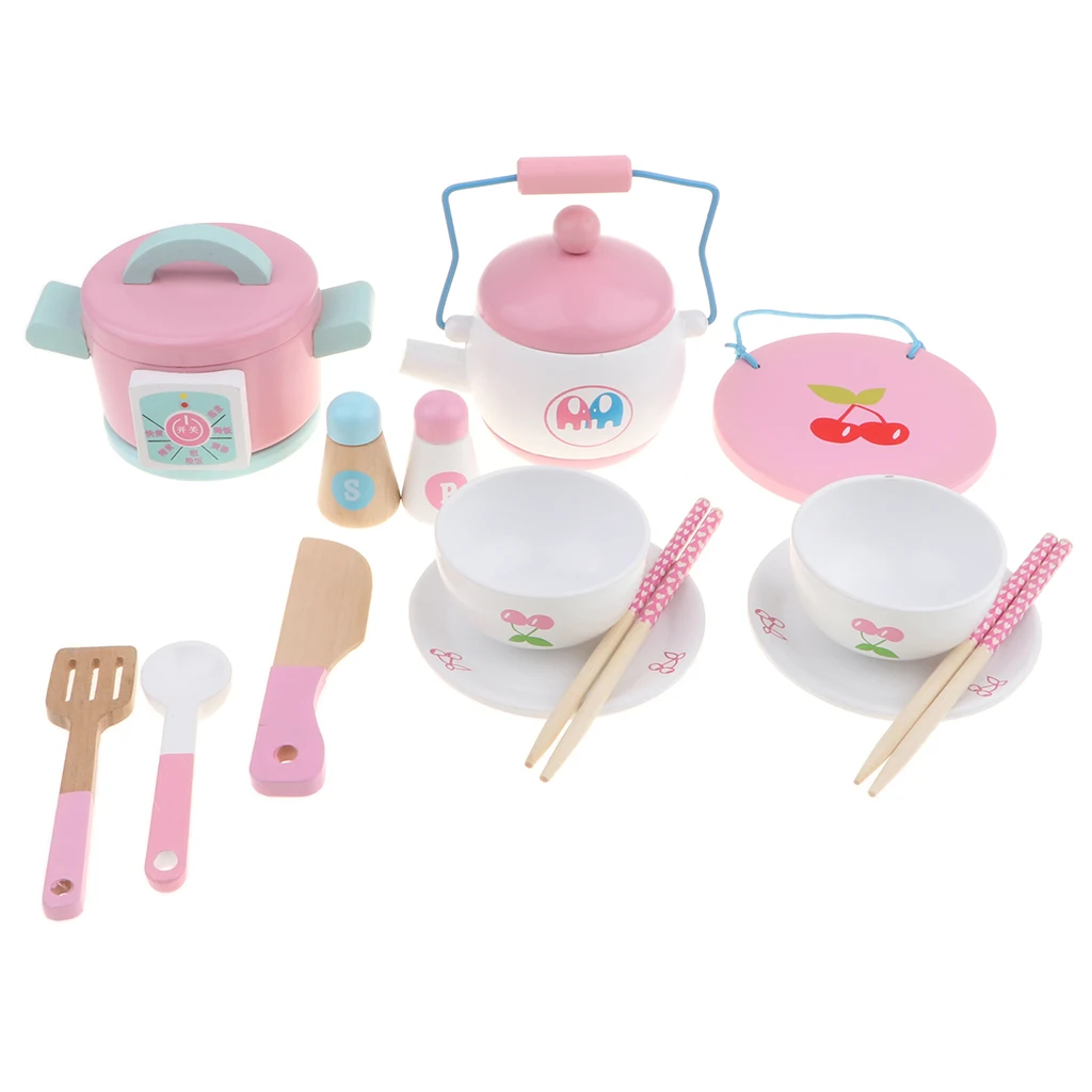 14Pcs  Kitchen Pretend Play Game Toys Wooden Cooking Utensils Playset Educational Game Pan Bowl Set