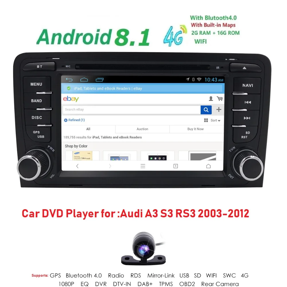 Flash Deal 2G RAM+16G ROM Android 8.1 4G WIFI Radio Stereo DVD Player GPS Sat Navi Bluetooth USB For Audi A3 S3 (2002-2012) DVR DAB+ Camera 3