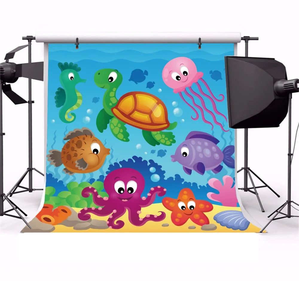 Laeacco Baby Birthday Party Underwater Fish Tortoise Photography Backgrounds Customized Photographic Backdrops For Photo Studio