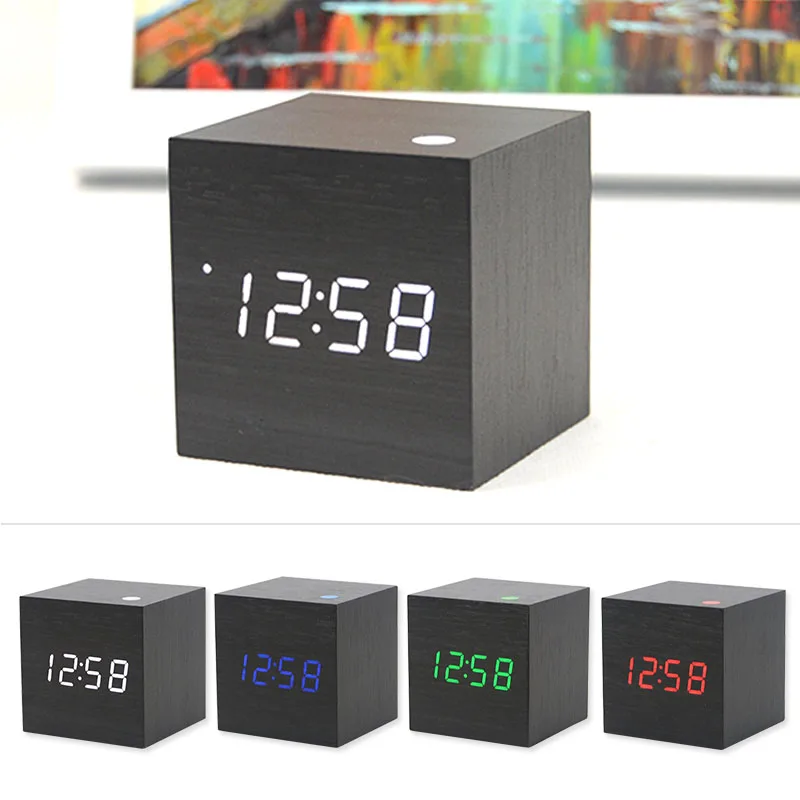 Светодиодный Деревянный Будильник Cute Cube электронный настольный цифровой