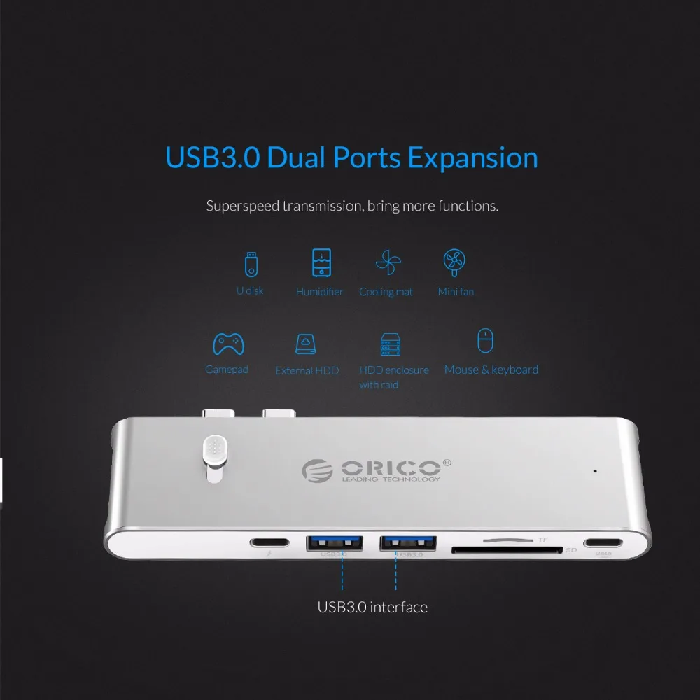 ORICO USB C концентратор двойной тип C к Мульти USB 3,0 HDMI TF/SD 60 Вт PD зарядный адаптер Thunderbolt 3 док USB разветвитель для MacBook Pro