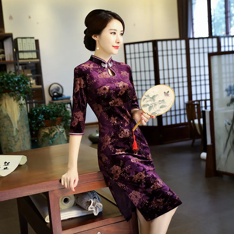Cheongsam велюровое платье Ципао с принтом винтажные модные улучшенные Осенние Длинные платья Вечерние платья для мам и свадеб