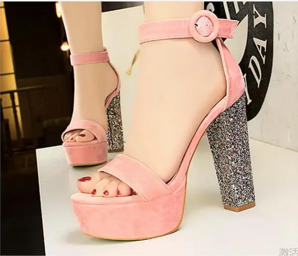 

Sexy Pink Suede Leather Square Heels Sandals Shoes Peep Toe Cut-out Ankle Strap High Platform Glitter Crystal Chunky Heel Shoes