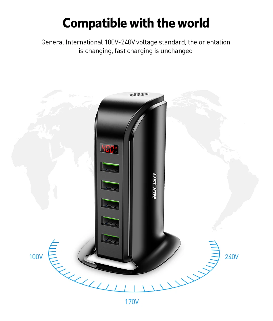 USLION 5 Port USB Charger HUB LED Display Multi USB Charging Station Dock Universal Mobile Phone Desktop Wall Home EU UK Plug 65 watt charger phone