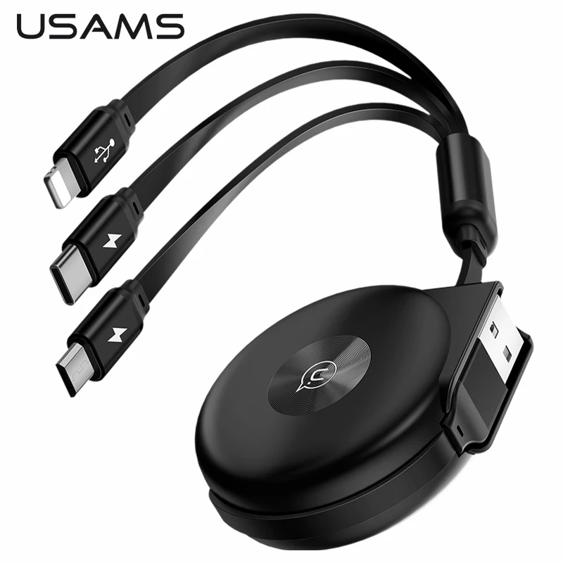 USAMS 3 in 1 Retractable USB Cable for iPhone X XS Cable Micro USB
