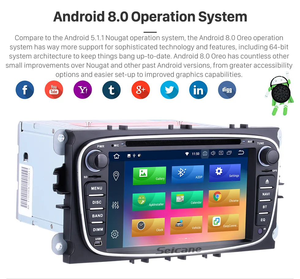 Excellent Seicane 2Din Android 8.0 7" Car Radio GPS Multimedia Player Head Unit For Ford Focus TRANSIT CONNECT MONDEO S-max 6