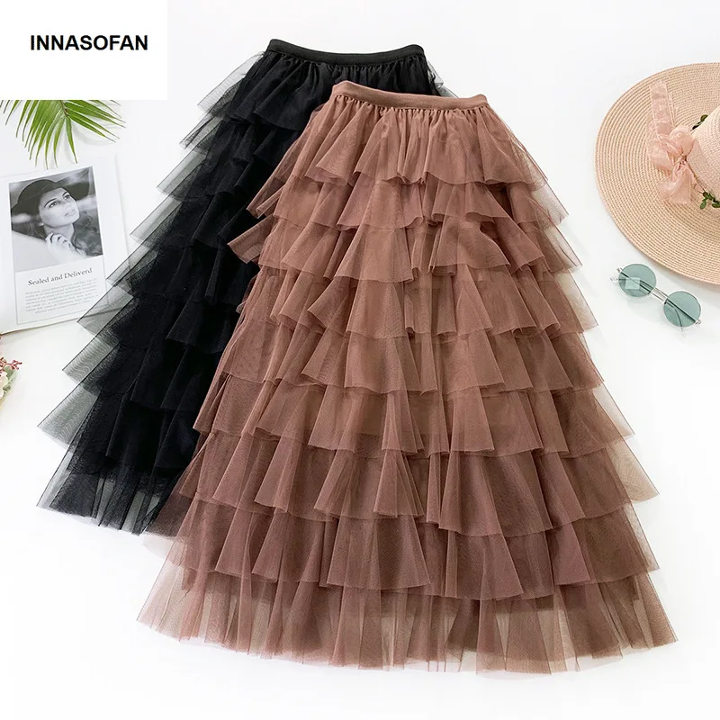INNASOFAN Тюлевая юбка женская весна-лето пляжный торт-Высокая талия юбка евро-американская мода однотонный цвет длинная юбка