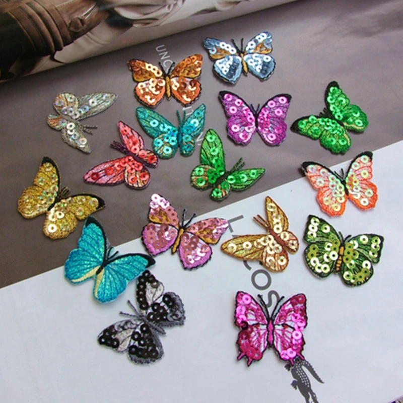 

AHYONNIEX 10PCS/LOT Sequins Butterfly Iron On Applique Patch for Clothing Hair Clip DIY Accessories Sticker Clothes Patch