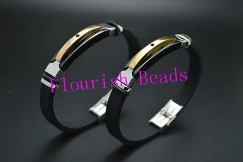 

Stainless Steel Metal Charms Fold Over Clasp Black Silicone Leather Cord Bracelet Fashion Jewelry