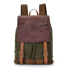 Vintage Leather +Washed Cotton Canvas Men Laptop Backpack Multifuntion Travel School Bag with High Quality