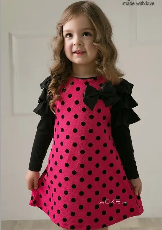 2015 новая модная одежда для маленьких девочек платье принцессы в горошек с бантом платье с длинными рукавами