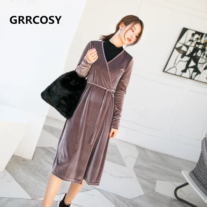 GRRCOSY Velour Maternity Breastfeeding Dress Autumn Velvet V-Neck Wrap Medium and Long Dress Pregnant Woman Cloth