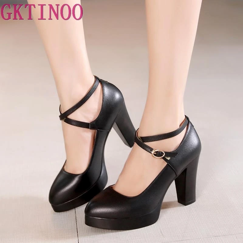2019 Women Serpentine Skin Surface Shoes Ladies Shallow Genuine Leather Shoes Square Heel Pumps New Office Shoes