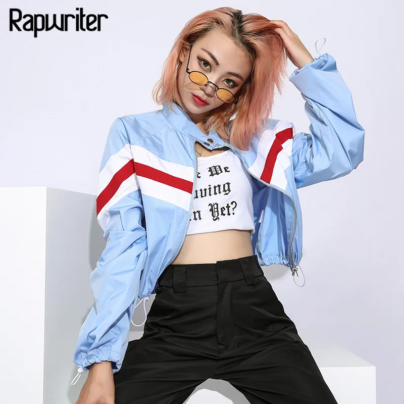 discounted  Rapwriter Panelled Strip Patchwork Bomber Women Jackets 2019 Spring Stand Collar Long Sleeve Drawst