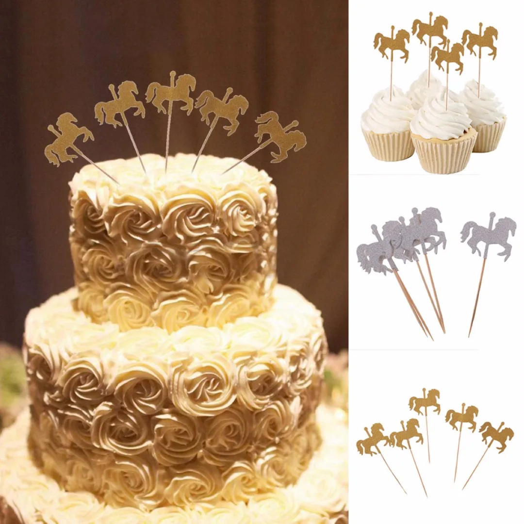 5pcs/set  Glitter Rotating Horse Cupcake Picks Cake Toppers Party Wedding Decoration Gold/Silver