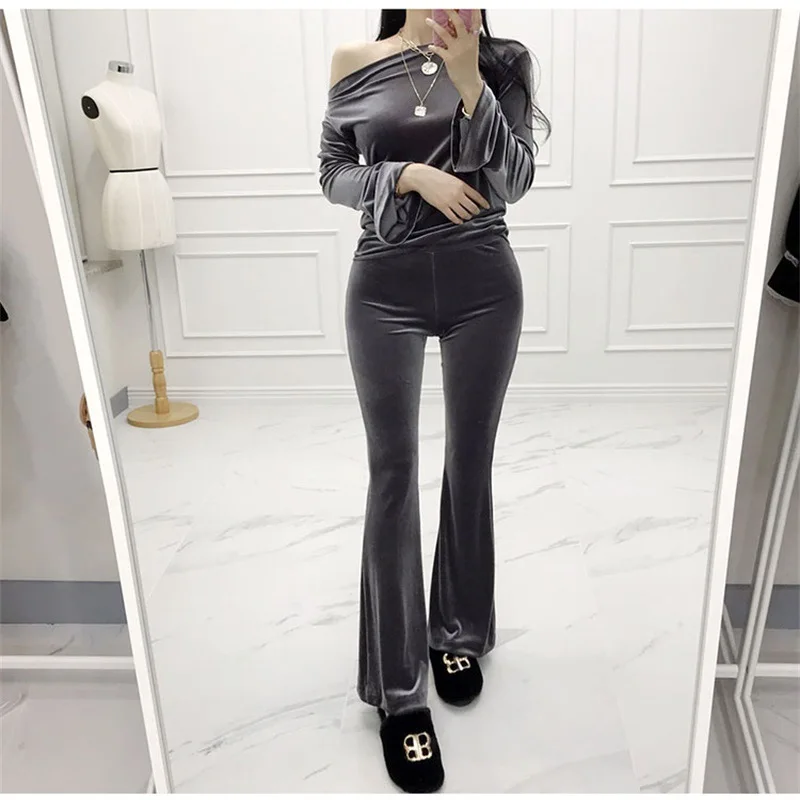 

2019 Spring new Korean Women's Gold Velvet Two-piece Solid Color Was Thin Sexy Top Flared Pants Casual Suit
