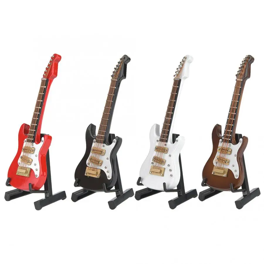 

Statues Bronze Delicate 10 Cm Mini Wooden Electric Guitar Model Ornaments Collection With Stand 4 Color Wall Sculpture