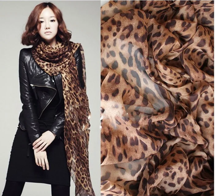 Brown Silk Chiffon Scarf With Leopard Print Leopard Printed 