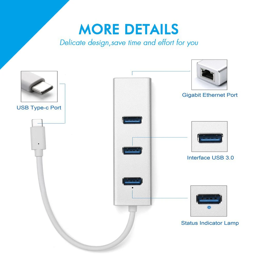 Aluminum Type c USB 3 0 HUB to Ethernet Network Adapter 1000 Mbps RJ45 usb c 4