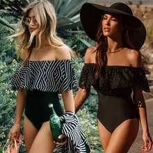 2018 New Sexy Off The Shoulder Solid Swimwear Women One Piece Swimsuit Female Bathing Suit Ruffle