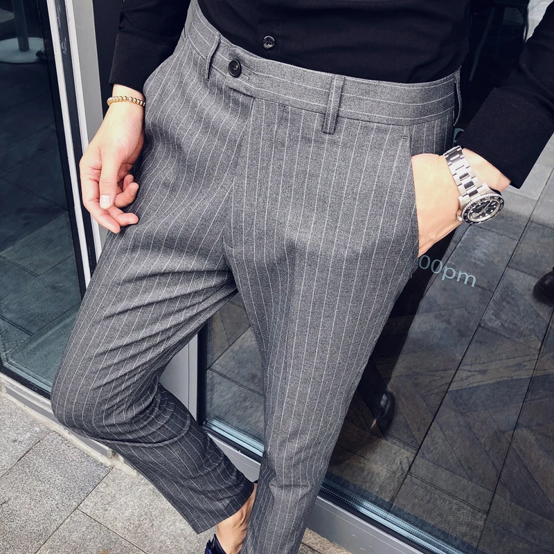 Новые нарядные брюки, облегающие брюки, костюм Homme, облегающие полосатые мужские брюки, Черные Серые Длинные мужские официальные брюки - Цвет: grey