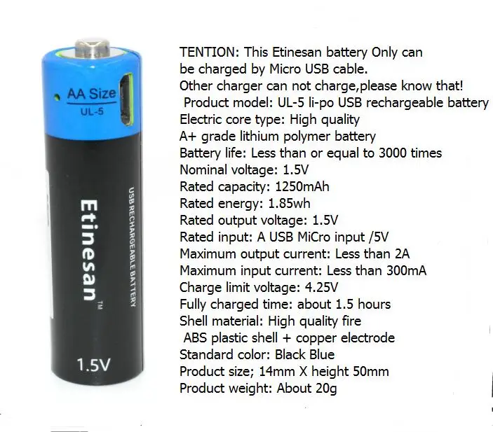 Новая технология! 4 шт. Etinesan 1,5 V AA 1250mAh литий-полимерный литий-ионный аккумулятор с USB кабелем