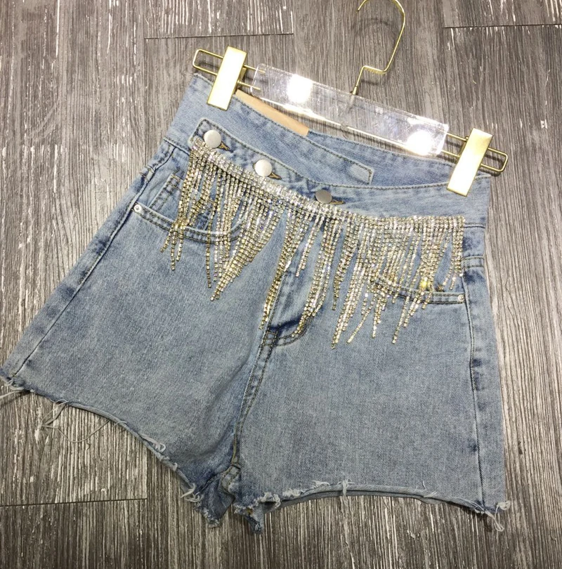 

[YaLee] New Fashion 2019 Summer Blue Button Zipper Lace-up High Wasit Pockets Splicing Rhinestone Tassel Denim Shorts Women U749