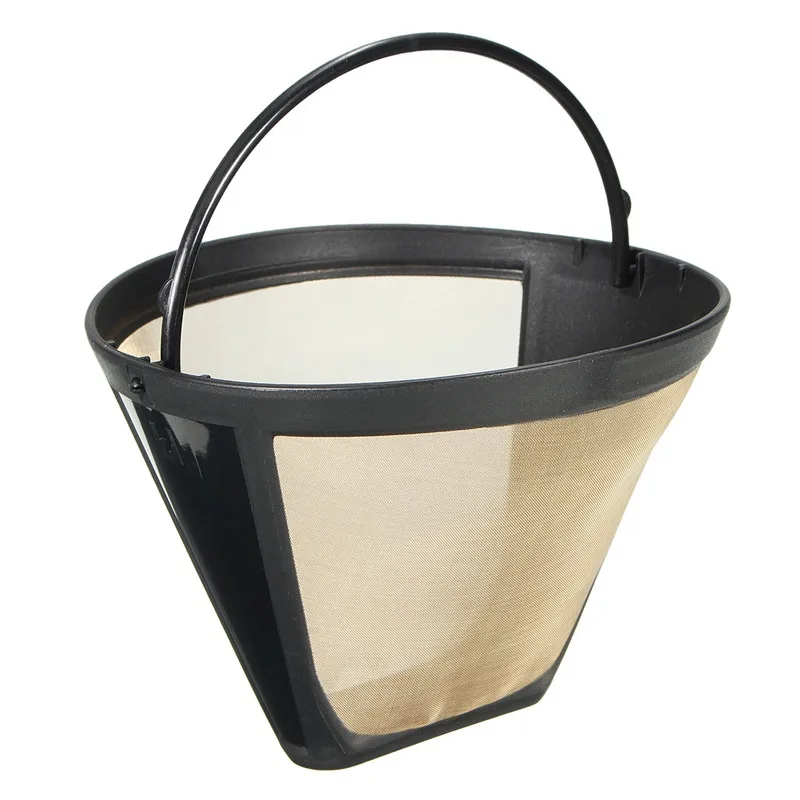 Permanent Cone-Style Coffee Maker Machine Filter Gold Mesh With Handle Cafe Reusable Coffee Filter 10-12 Cup Coffees Tool