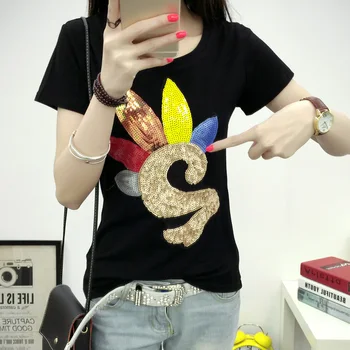 

2017 New Spring Summer Short Sleeve T-shirt All-match Korean Women Top Tees Sequined Students Tops O Neck Cotton Basic T-shirts