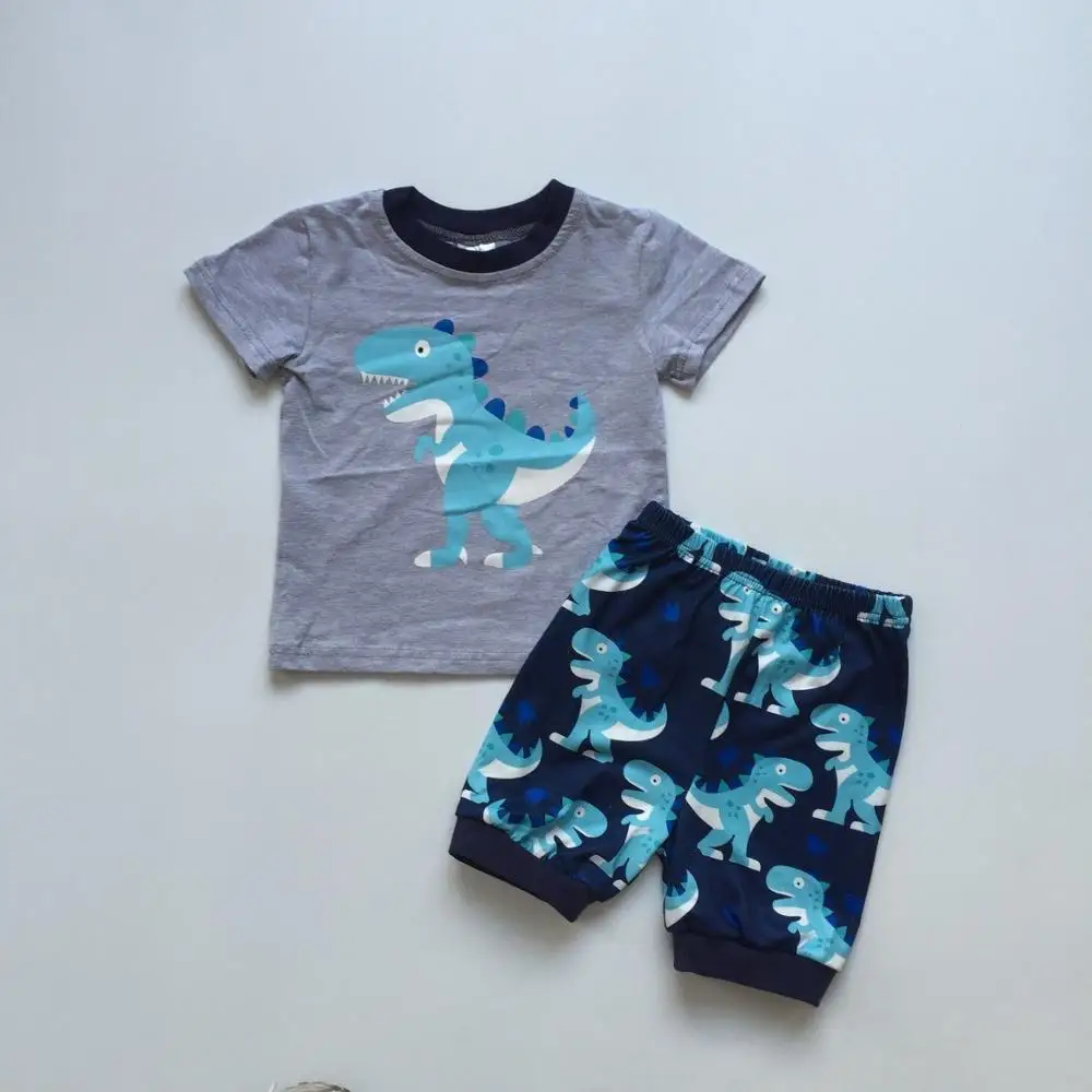 baby boy clothes summer outfit dinosaur grey top blue dinosaur pants