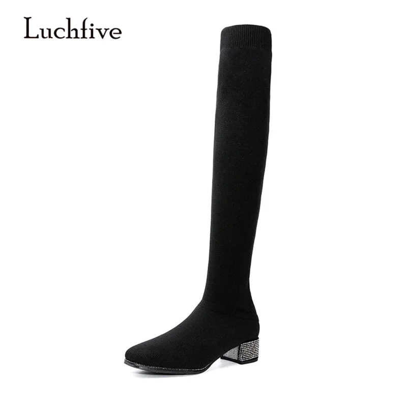 

Luchfive fashion Sock Boots women 2018 square Toe crystal studded Heel Stretch rhinestone Over The Knee Boots bota feminina