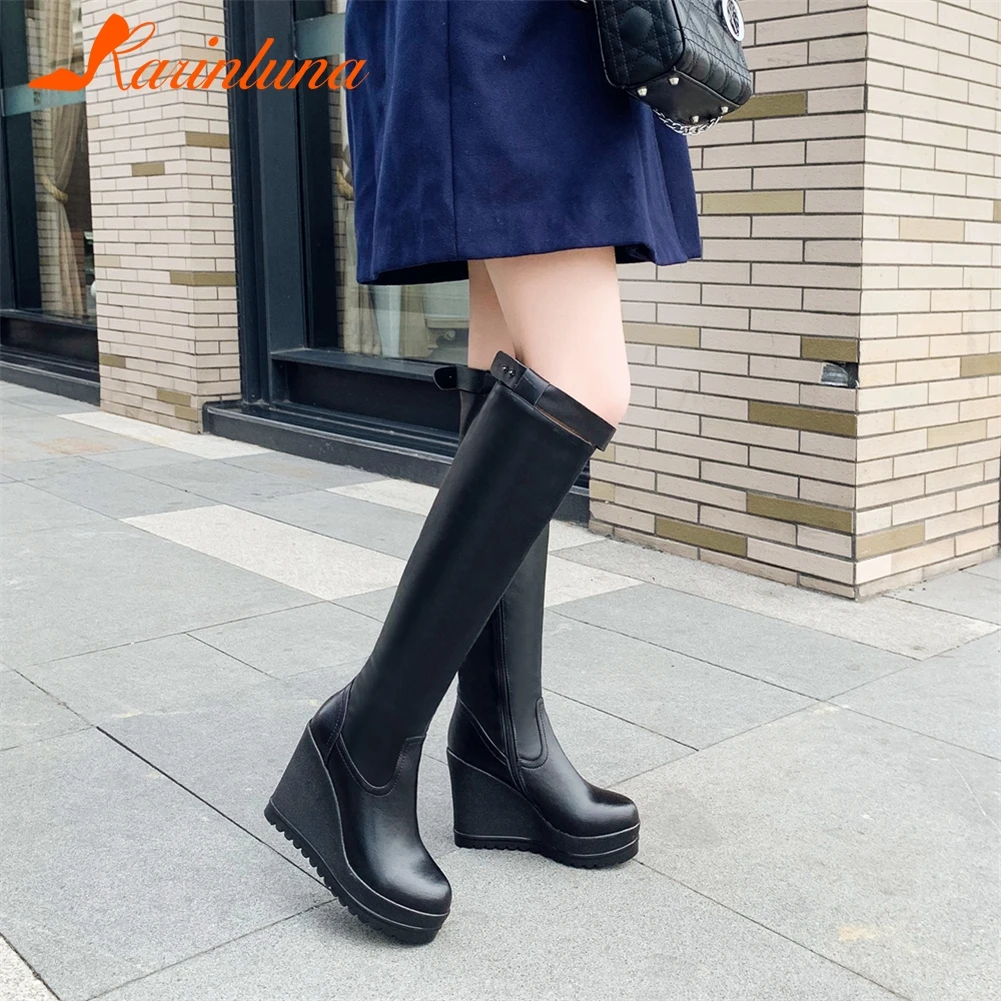

KARINLUNA New Fashion Cow Leather Zipper Knee High Boots Woman Shoes Add Fur Wedge High Heels Winter Boots Female Shoes Woman