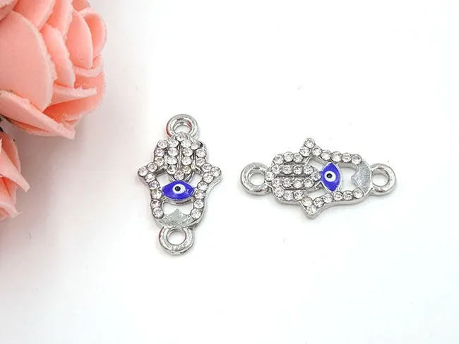 22.5*12mm azul conector mal de ojo HAMSA mano encanto Colgantes rhinestone Conectores accesorios pendientes 20 unids/lote b0026