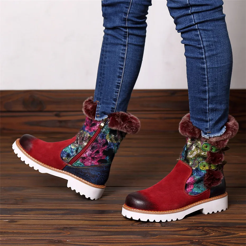 2019 New Rabbit Fur Snow Boots Women Shoes Genuine Leather Casual Comfortable Women's Boots Retro Ladies Short Plush Flats Boots (5)