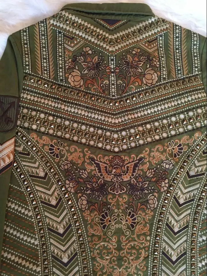 Rivets floral embroidery army green panther embellished front pockets cotton women loose spring jacket and shirts