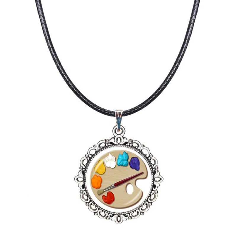 Color Palette Choker Necklace Artist Brush Pendant Circular Paint Tray